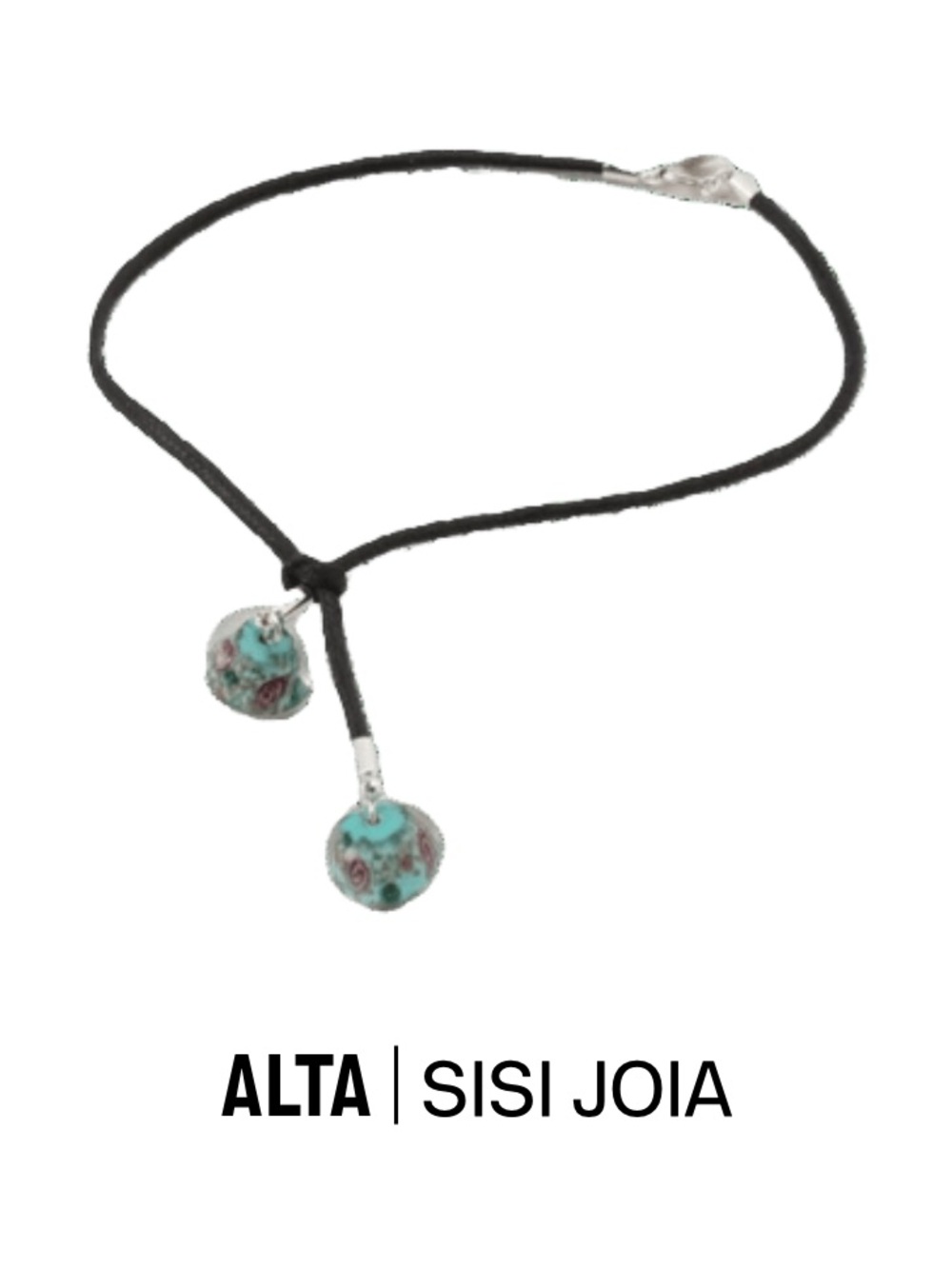 Sisi Joia Turquoise Glass Bead Knot Necklace Choker Black Silk Cord Silver clasp